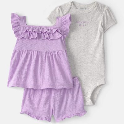 Baby Girl 3-Piece 'Mommy's Mini' Outfit Set - Purple/Grey