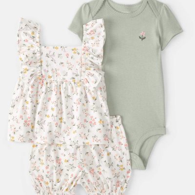 Baby Girl 3-Piece Floral Outfit Set - White/Green