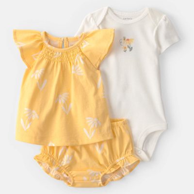 Baby Girl 3-Piece Flower Outfit Set - Yellow/White