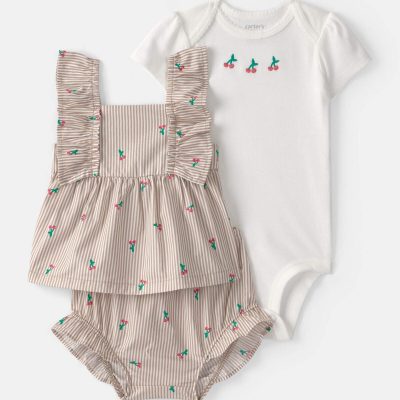 Baby Girl 3-Piece Cherry Striped Outfit Set - Beige/White