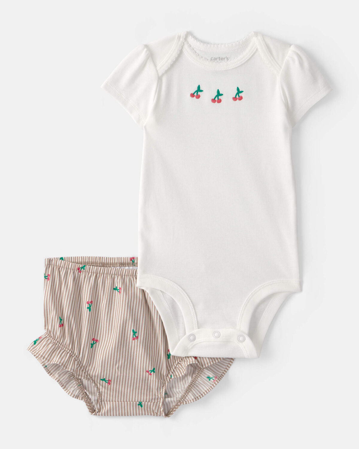 Baby Girl 3-Piece Cherry Striped Outfit Set - Beige/White - Image 7
