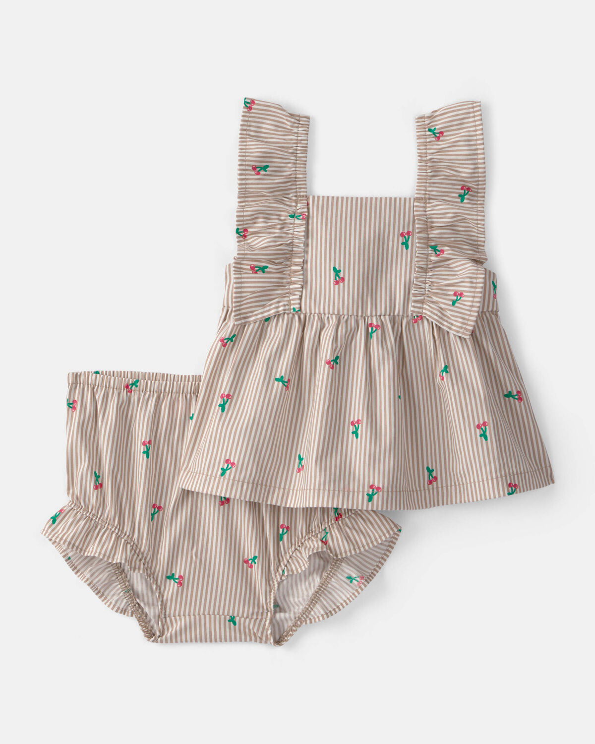 Baby Girl 3-Piece Cherry Striped Outfit Set - Beige/White - Image 9