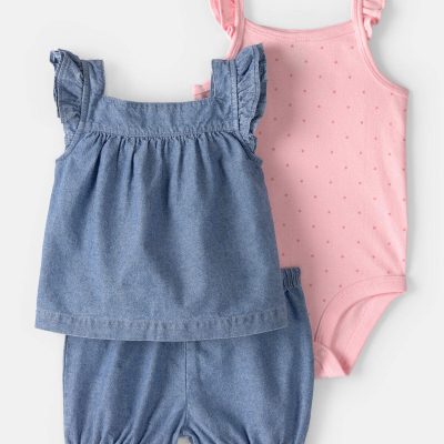 Baby Girl 3-Piece Chambray Outfit Set - Blue/Pink
