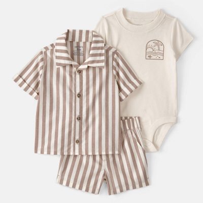 Baby Boy 3-Piece Beach Striped Outfit Set - Brown/White