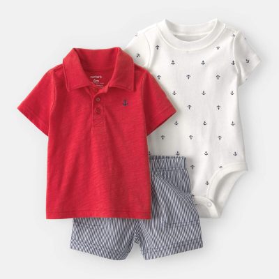 Baby Boy 3-Piece Anchor Polo Outfit Set - Red/Blue/White