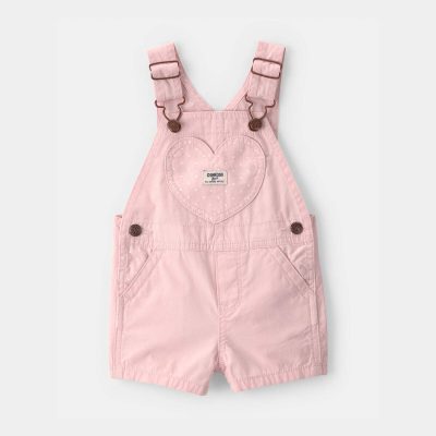 Baby Girl Heart Pocket Canvas Shortall - Pink