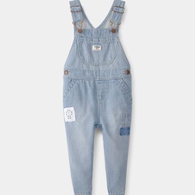 Baby Girl Denim Patch Overalls - Light Wash