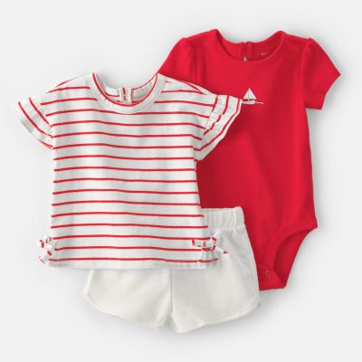 Baby Girl 3-Piece Sailboat Short-Sleeve Top, Bodysuit & Short Set - Red/White