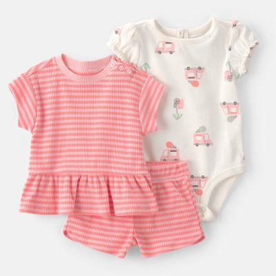 Baby Girl 3-Piece Ice Cream Truck Short-Sleeve Top, Bodysuit & Short Set - Pink/Ivory