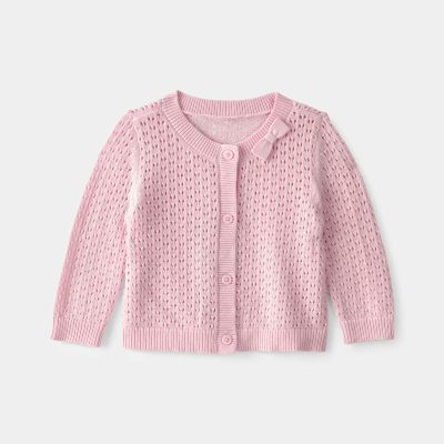 Baby Girl Bow Pointelle Button-Up Cardigan Sweater - Pink