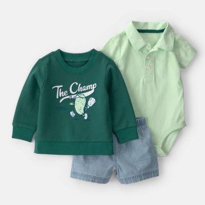 Baby Boy 3-Piece Pickleball Sweatshirt, Bodysuit & Short Set - Green