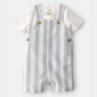 Baby Boy 2-Piece Stripe Romper Set - Blue/Ivory