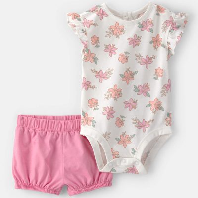 Baby Girl 2-Piece Floral Short-Sleeve Bodysuit & Short Set - Pink/White