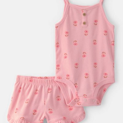 Baby Girl 2-Piece Floral Sleeveless Bodysuit & Short Set - Pink