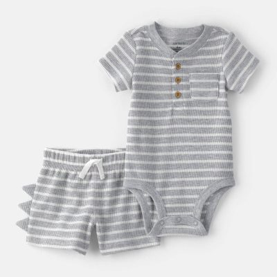 Baby Boy 2-Piece Dino Spikes Waffle-Knit Short-Sleeve Bodysuit & Short Set - Grey