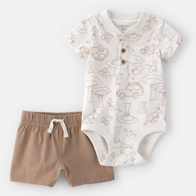 Baby Boy 2-Piece Safari Short-Sleeve Bodysuit & Short Set - Brown/White