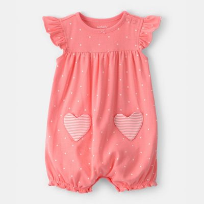 Baby Girl Heart Pocket Short-Sleeve Romper - Coral