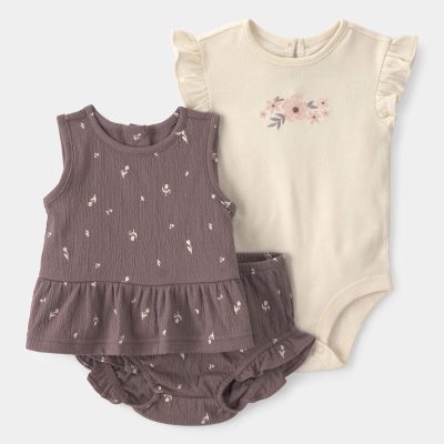 Baby Girl 3-Piece Floral Top, Bodysuit & Short Set - Brown/Ivory