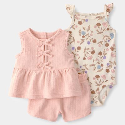 Baby Girl 3-Piece Floral Top, Bodysuit & Short Set - Pink/Cream