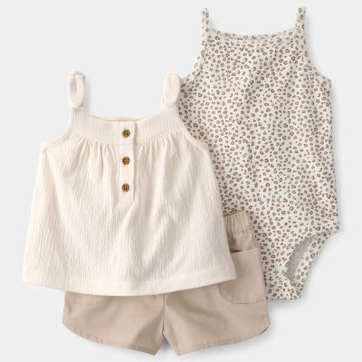 Baby Girl 3-Piece Cheetah Top, Bodysuit & Short Set - Khaki/Ivory