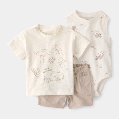 Baby Boy 3-Piece Into The Wild Top, Bodysuit & Short Set - Ivory/Brown