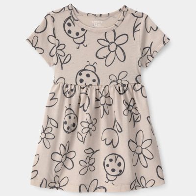 Baby Girl Floral Ladybug Short-Sleeve Dress - Brown