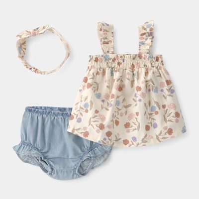 Baby Girl 2-Piece Floral Top & Short Set - Ivory/Blue