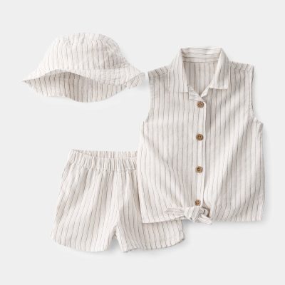 Baby Girl 3-Piece Striped Sleeveless Top & Short Set - Tan/Ivory