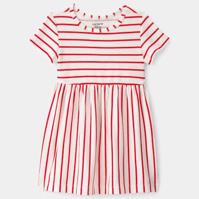 Baby Girl Striped Short-Sleeve Dress - Red/Ivory