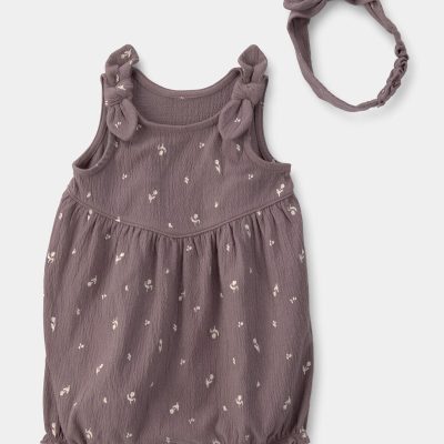 Baby Girl 2-Piece Floral Sleeveless Romper Set - Brown