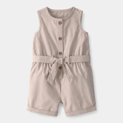 Baby Girl Canvas Sleeveless Romper - Khaki