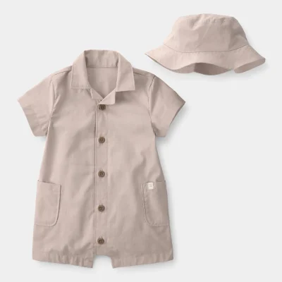 Baby Boy 2-Piece Canvas Short-Sleeve Romper Set - Khaki