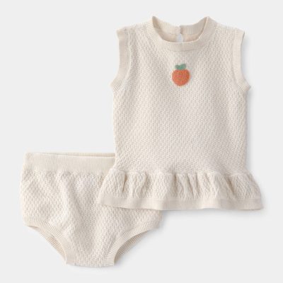 Baby Girl 2-Piece Peach Crochet Top & Short Set - Cream