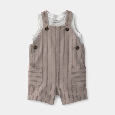Baby Boy 2-Piece Striped Overall Set - Brown