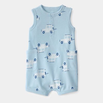 Baby Boy Car Waffle-Knit Sleeveless Romper - Blue
