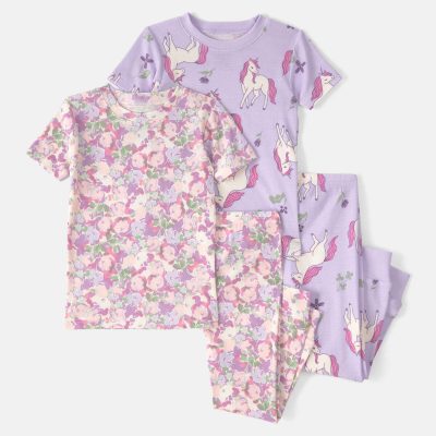 Baby Girl Unicorn Floral 100% Cotton Snug Fit 4-Piece Pajama Set - Pink/Purple