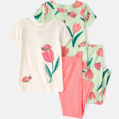 Baby Girl Ladybug Floral 100% Cotton Snug Fit 4-Piece Pajama Set - Pink/Green