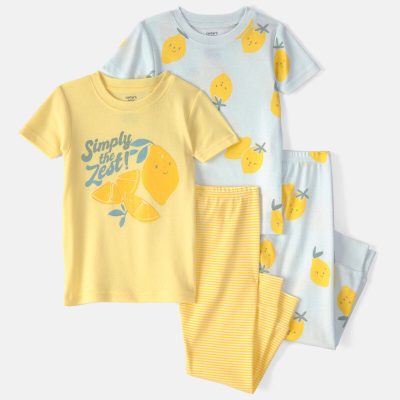 Baby Girl Lemon 100% Cotton Snug Fit 4-Piece Pajama Set - Blue/Yellow