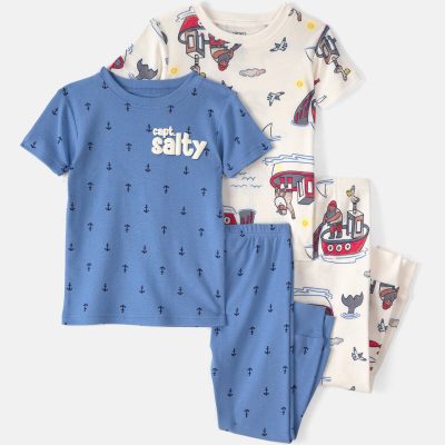 Baby Boy Anchor 100% Cotton Snug Fit 4-Piece Pajama Set - Blue/Cream