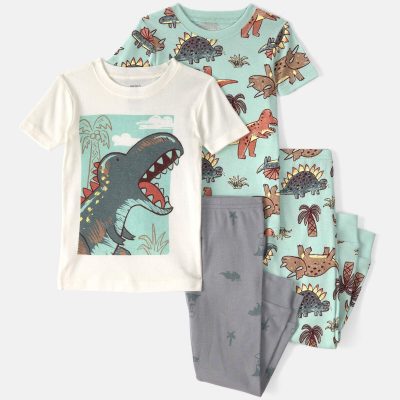 Baby Boy Dinosaur 100% Cotton Snug Fit 4-Piece Pajama Set - Blue/Grey