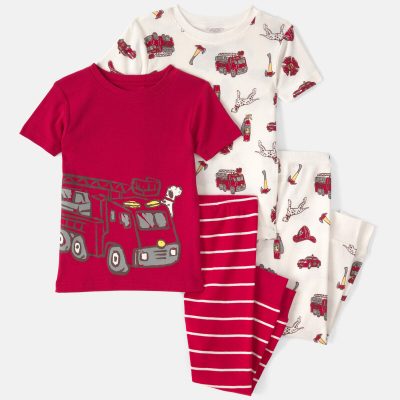 Baby Boy Firetruck Striped 100% Cotton Snug Fit 4-Piece Pajama Set - Red/White
