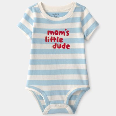 Baby Boy 'Mom's Little Dude' Striped Graphic Bodysuit - Blue/Ivory