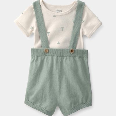 Baby 2-Piece Sailboat Overall Set - Green/Ivory