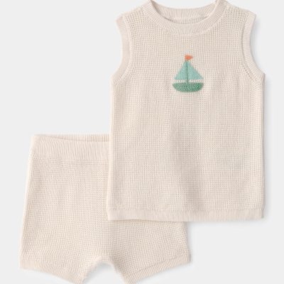 Baby 2-Piece Sailboat Crochet Top & Short Set - Cream