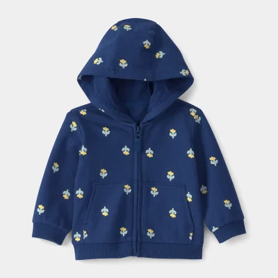 Baby Girl Floral French Terry Zip-Up Hoodie - Navy Blue
