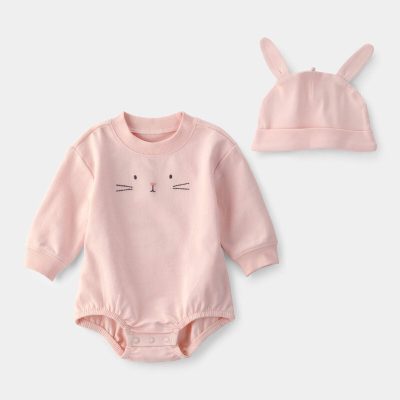 Baby Girl Bunny Bubble Romper & Hat Set - Pink