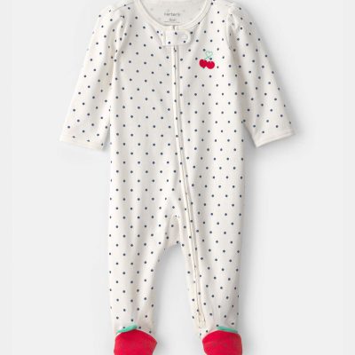 Baby Girl Cherry 2-Way Zip 100% Cotton Sleep & Play Pajama - White