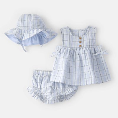 Baby Girl 3-Piece Plaid Hat, Top & Short Set - Blue