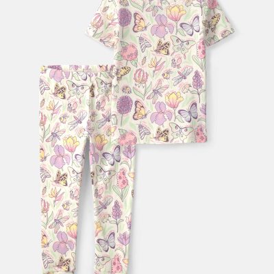Baby Girl Butterfly 100% Cotton Snug Fit 2-Piece Pajama Set - Cream