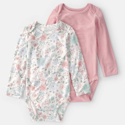 Baby Girl 2-Pack Butterfly Garden PurelySoft Multipack Bodysuits - Pink/Ivory